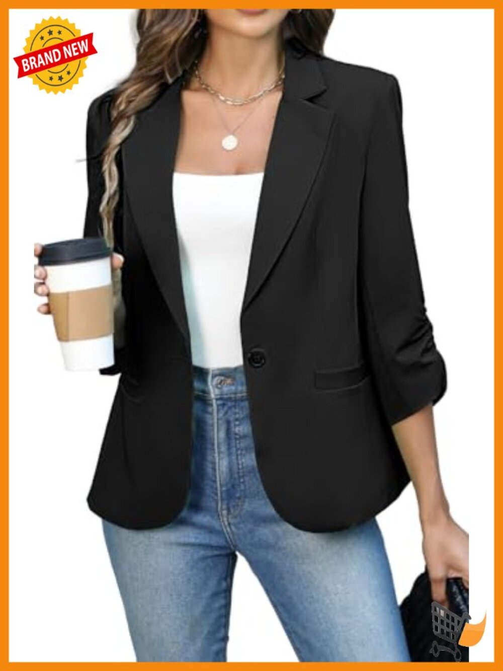 Ruched 3/4 Sleeve Blazer Lightweight Fitted Jacket Business Casual